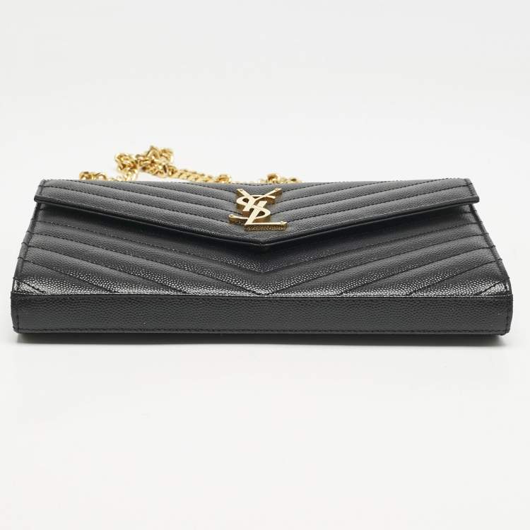 Pre Owned Saint Laurent Black Matelassé Leather Cassandre Envelope Wallet on Chain