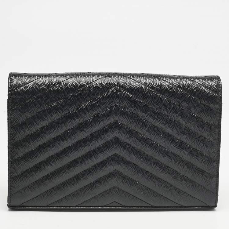 Pre Owned Saint Laurent Black Matelassé Leather Cassandre Envelope Wallet on Chain