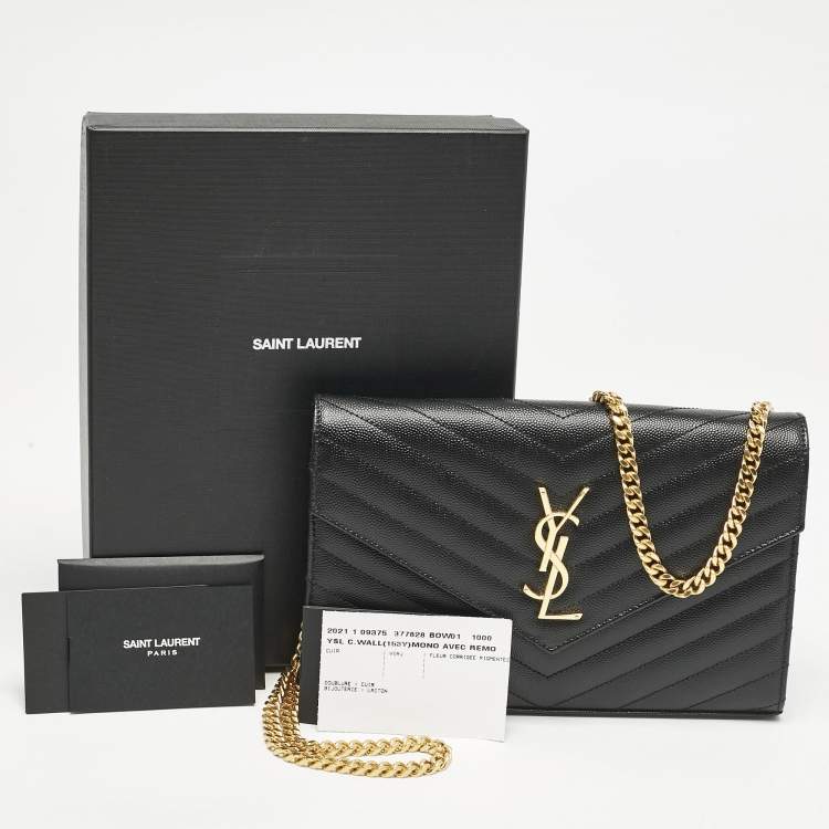 Pre Owned Saint Laurent Black Matelassé Leather Cassandre Envelope Wallet on Chain