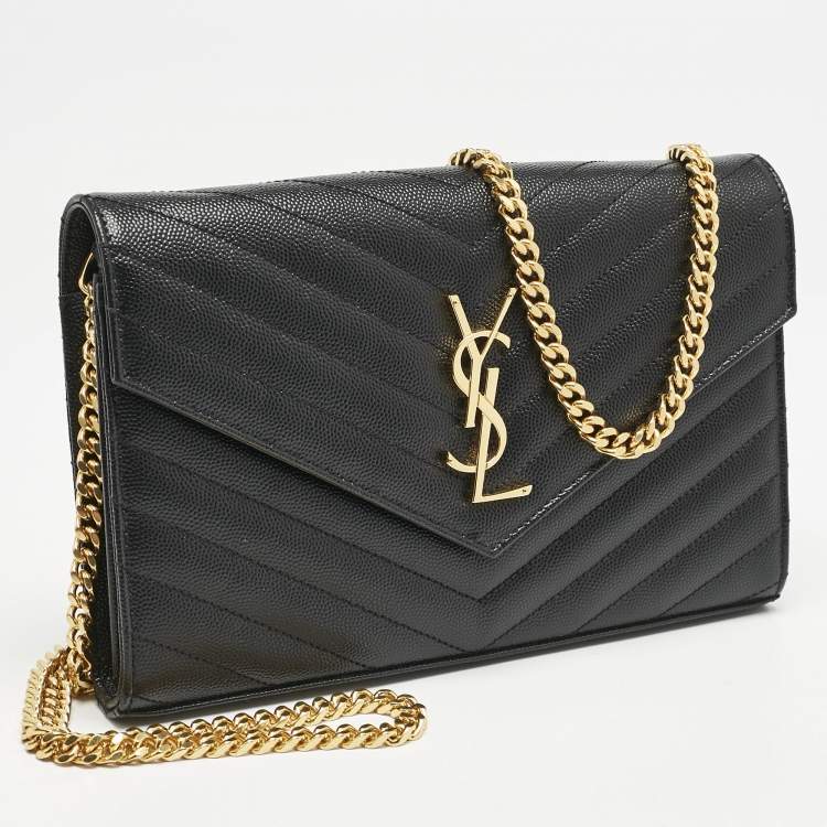 Pre Owned Saint Laurent Black Matelassé Leather Cassandre Envelope Wallet on Chain