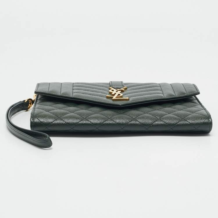 Pre Owned Saint Laurent Green Mixed Quilted Leather Envelope Flap Wristlet Clutch 