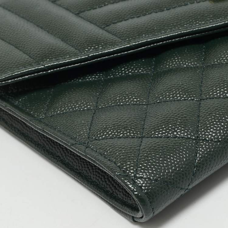 Pre Owned Saint Laurent Green Mixed Quilted Leather Envelope Flap Wristlet Clutch 