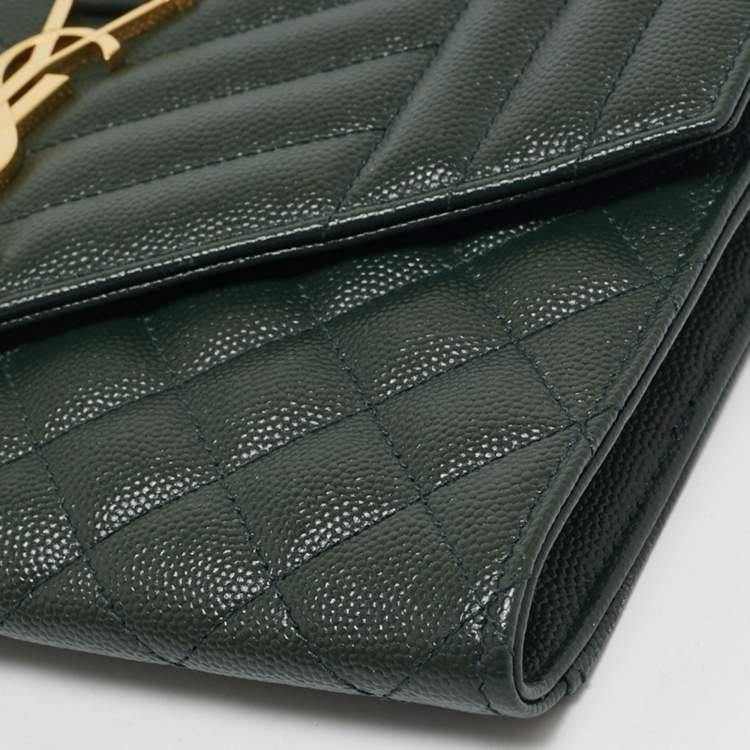 Pre Owned Saint Laurent Green Mixed Quilted Leather Envelope Flap Wristlet Clutch 