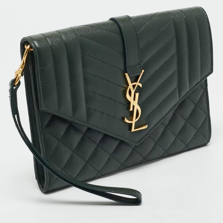 Pre Owned Saint Laurent Green Mixed Quilted Leather Envelope Flap Wristlet Clutch 
