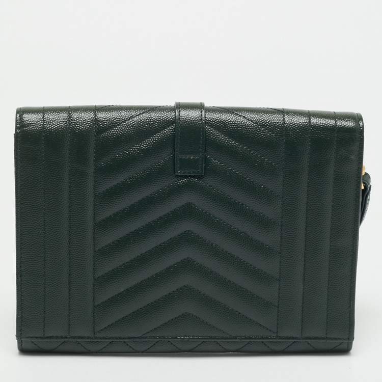 Pre Owned Saint Laurent Green Mixed Quilted Leather Envelope Flap Wristlet Clutch 