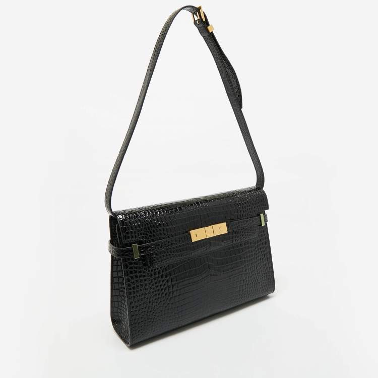 Pre Owned Saint Laurent Black Croc Embossed Leather Manhattan Shoulder Bag