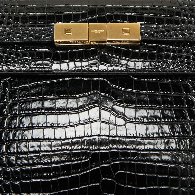 Pre Owned Saint Laurent Black Croc Embossed Leather Manhattan Shoulder Bag
