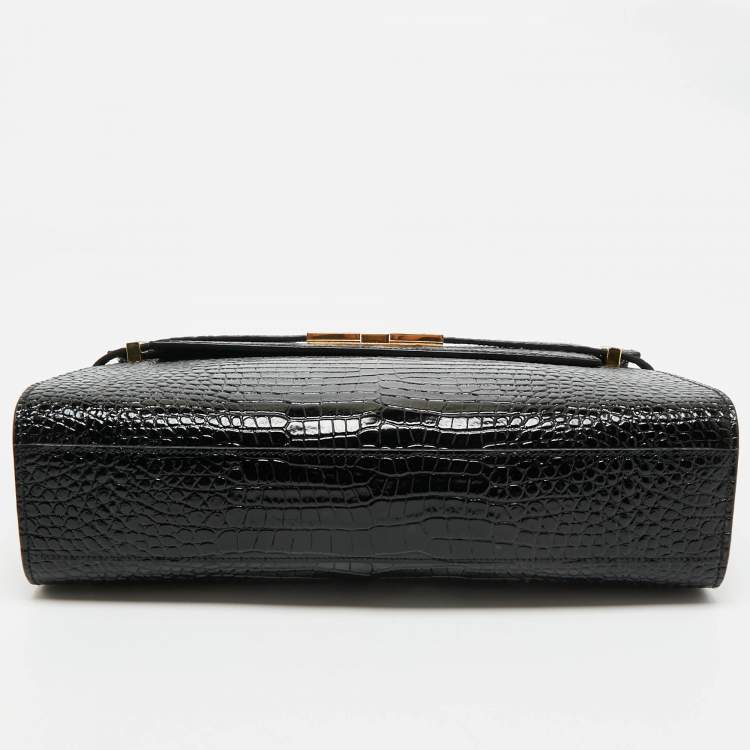 Pre Owned Saint Laurent Black Croc Embossed Leather Manhattan Shoulder Bag