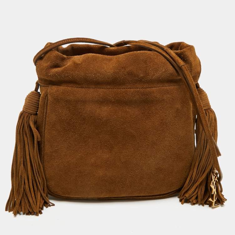 Pre Owned Saint Laurent Brown Suede Fringe Drawstring Shoulder Bag