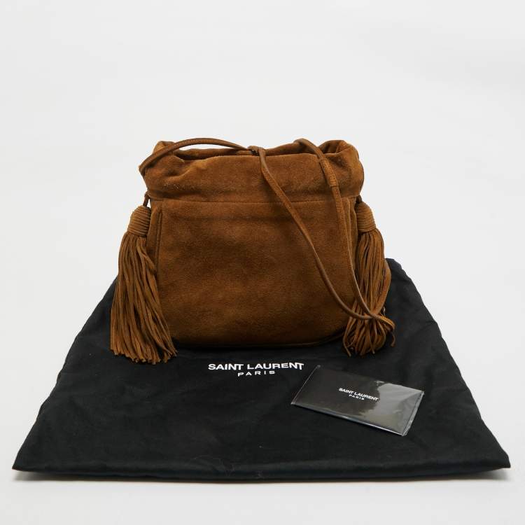 Pre Owned Saint Laurent Brown Suede Fringe Drawstring Shoulder Bag