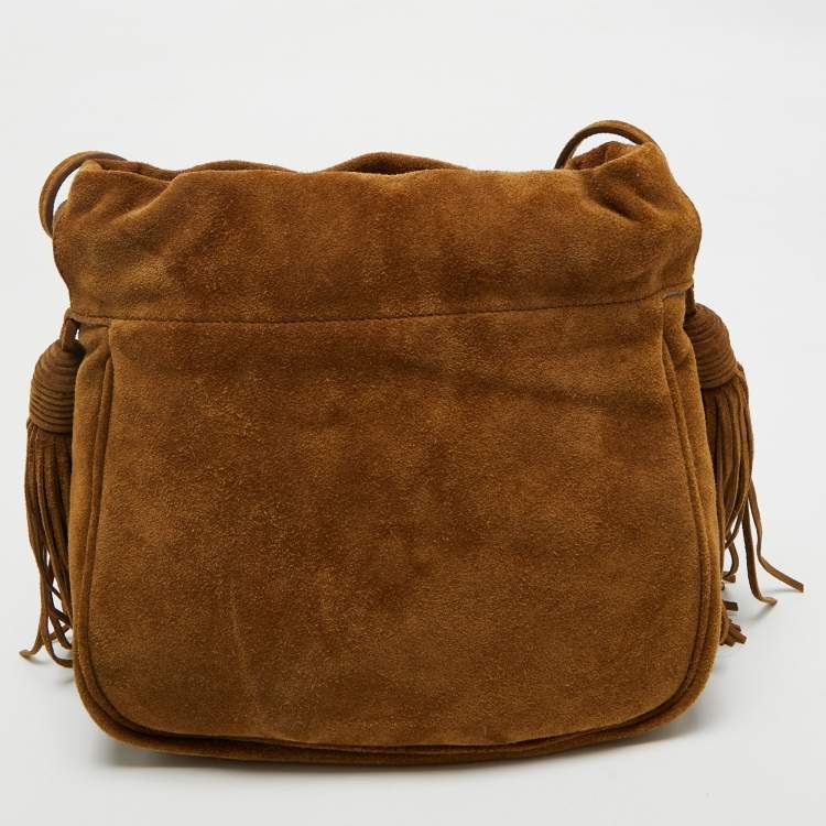 Pre Owned Saint Laurent Brown Suede Fringe Drawstring Shoulder Bag