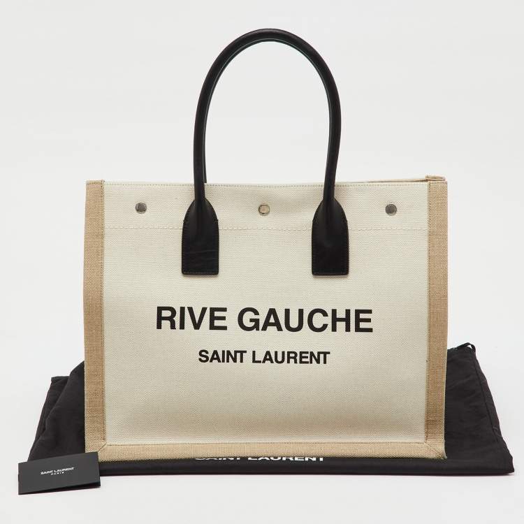 Pre Owned Saint Laurent Beige/Black Canvas and Leather Small Rive Gauche Tote