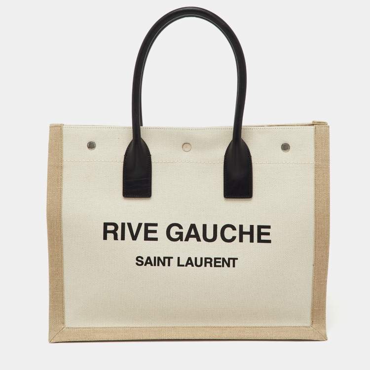 Pre Owned Saint Laurent Beige/Black Canvas and Leather Small Rive Gauche Tote