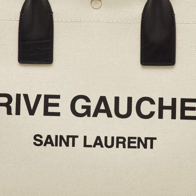 Pre Owned Saint Laurent Beige/Black Canvas and Leather Small Rive Gauche Tote