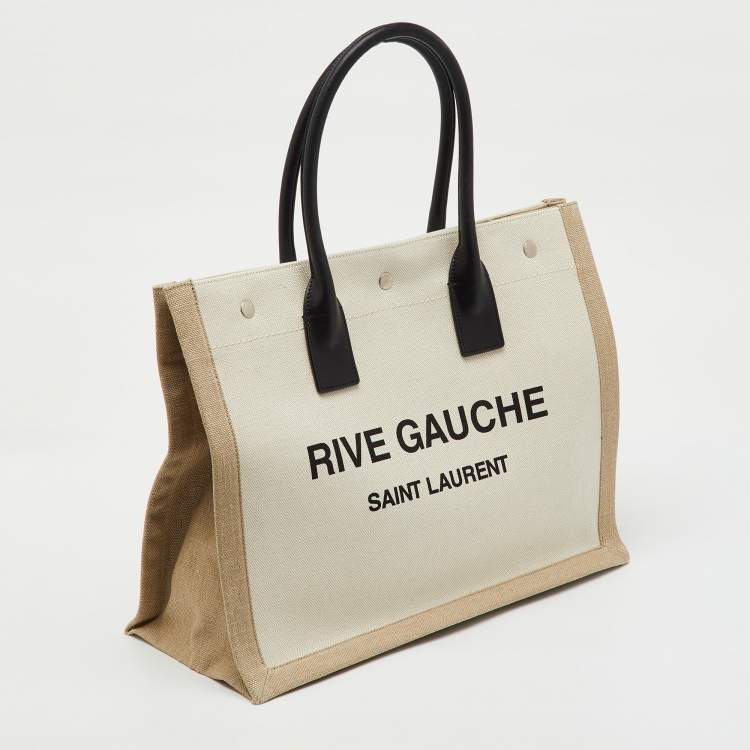 Pre Owned Saint Laurent Beige/Black Canvas and Leather Small Rive Gauche Tote