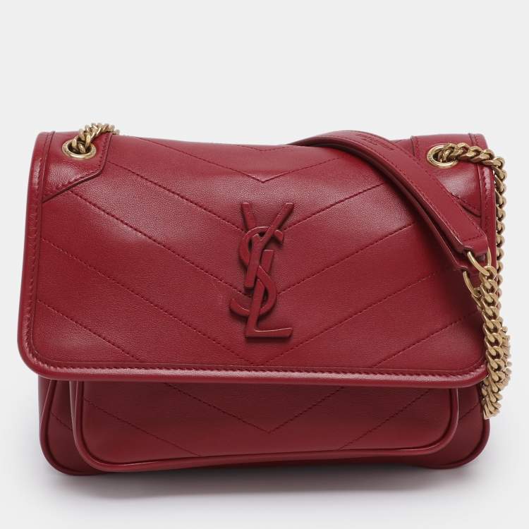 Pre Owned Saint Laurent Red Matelasse Leather Baby Niki Chain Shoulder Bag