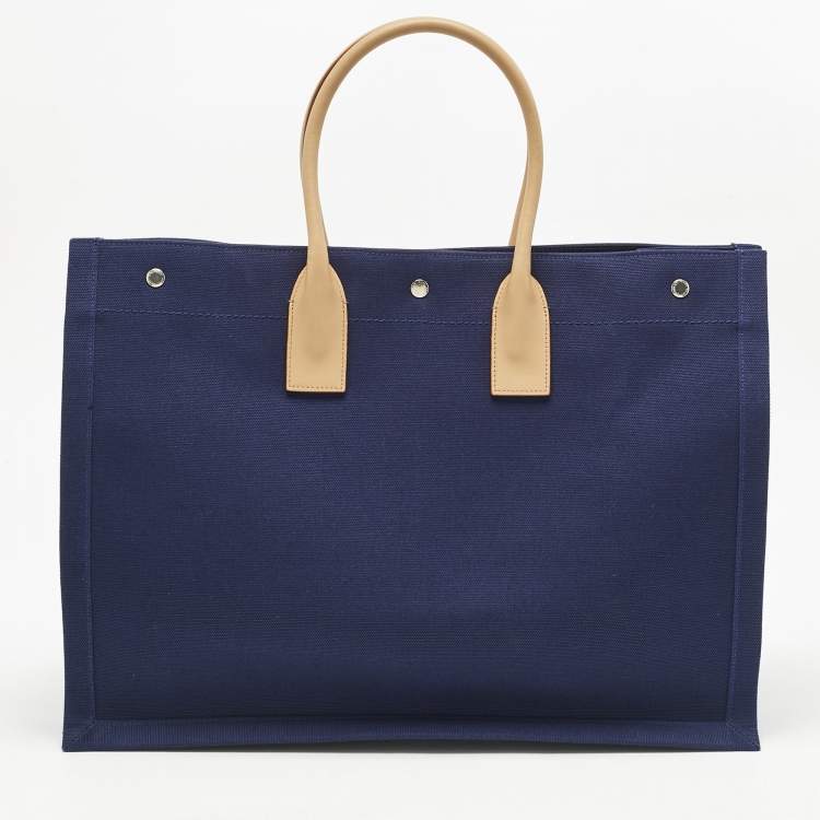 Pre Owned Saint Laurent Navy Blue Canvas Large Rive Gauche Tote