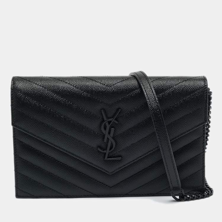 Pre Owned Saint Laurent Black Matelassé Leather Cassandre Envelope Wallet on Chain