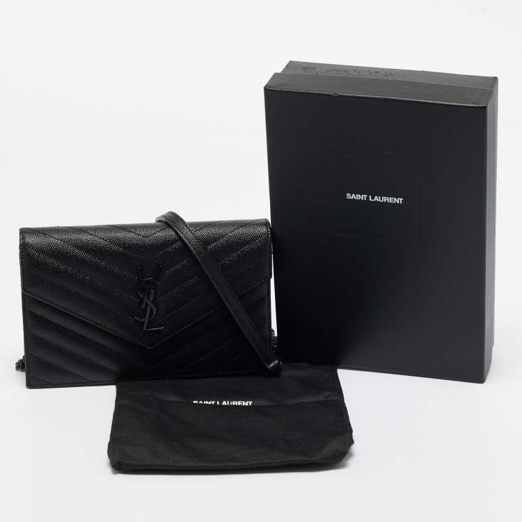 Pre Owned Saint Laurent Black Matelassé Leather Cassandre Envelope Wallet on Chain
