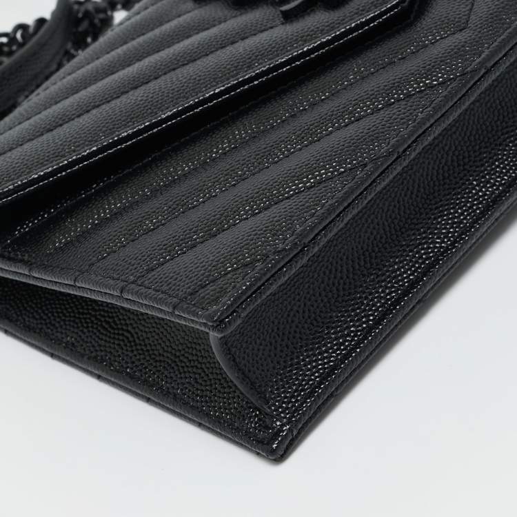 Pre Owned Saint Laurent Black Matelassé Leather Cassandre Envelope Wallet on Chain