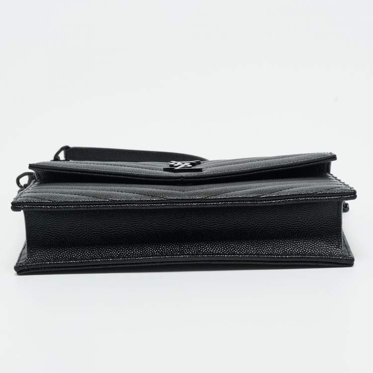 Pre Owned Saint Laurent Black Matelassé Leather Cassandre Envelope Wallet on Chain