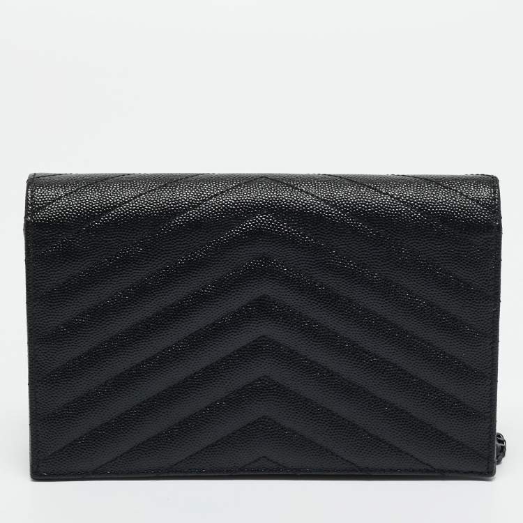 Pre Owned Saint Laurent Black Matelassé Leather Cassandre Envelope Wallet on Chain