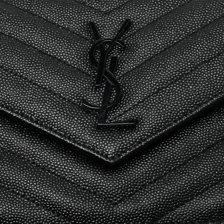 Pre Owned Saint Laurent Black Matelassé Leather Cassandre Envelope Wallet on Chain