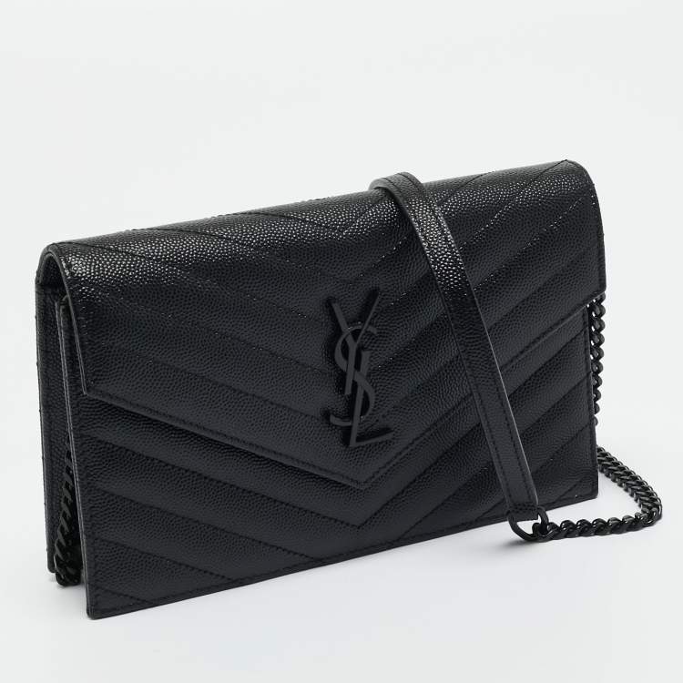 Pre Owned Saint Laurent Black Matelassé Leather Cassandre Envelope Wallet on Chain