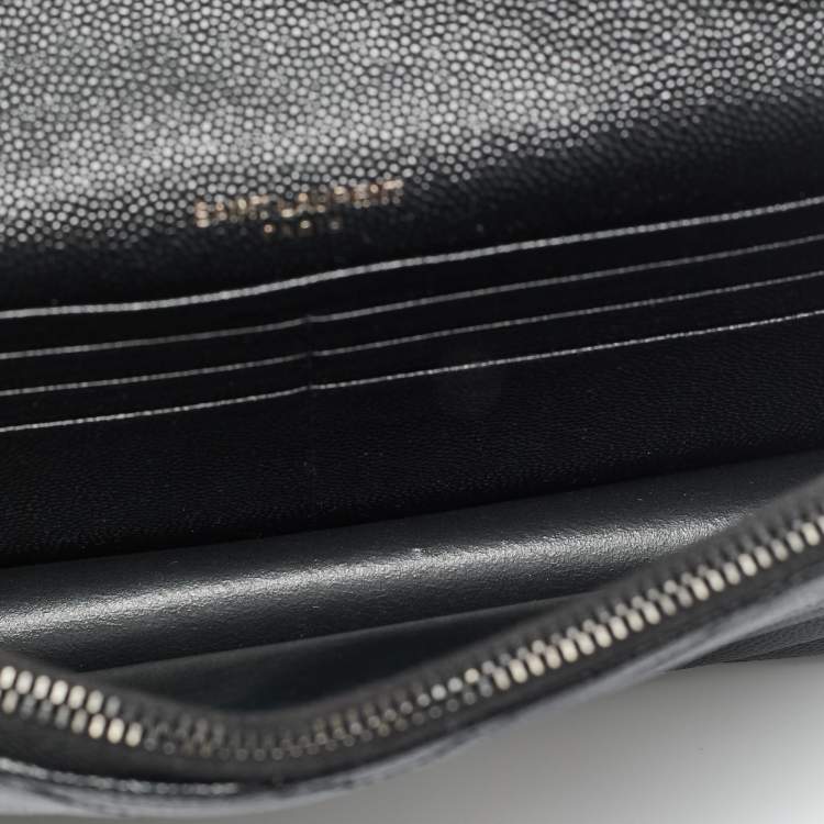 Pre Owned Saint Laurent Black Matelassé Leather Cassandre Envelope Wallet on Chain