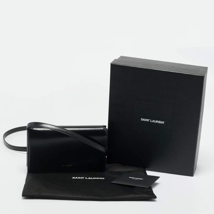 Pre Owned Saint Laurent Black Glossy Leather Flap Wallet On Chain