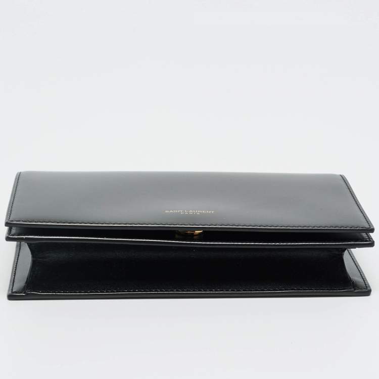 Pre Owned Saint Laurent Black Glossy Leather Flap Wallet On Chain