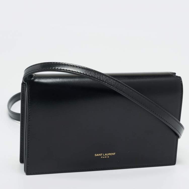 Pre Owned Saint Laurent Black Glossy Leather Flap Wallet On Chain