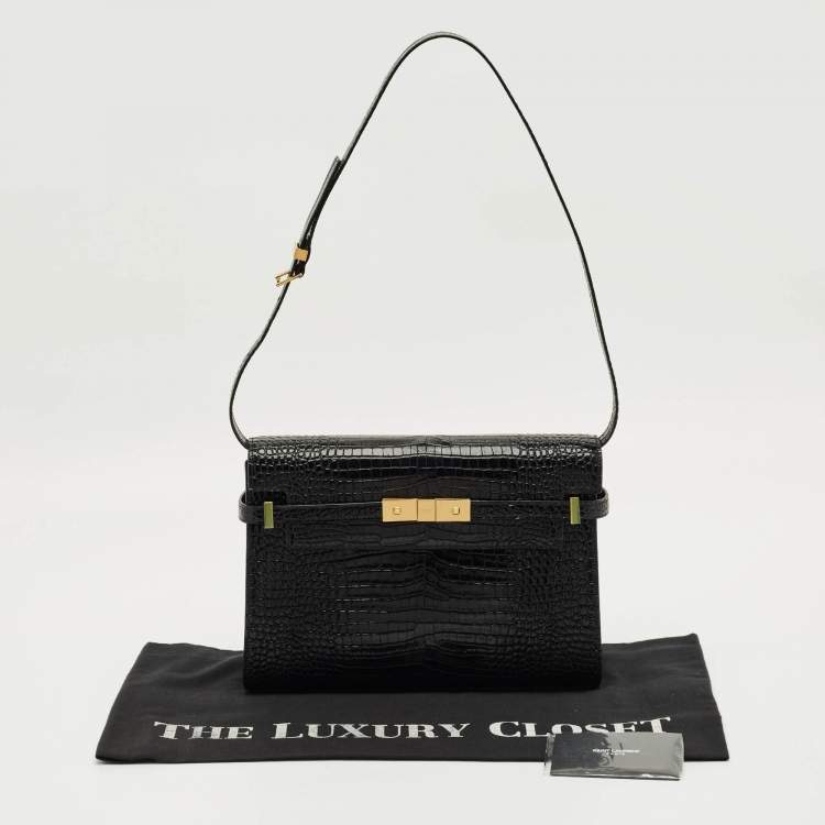 Pre Owned Saint Laurent Black Croc Embossed Leather Manhattan Shoulder Bag
