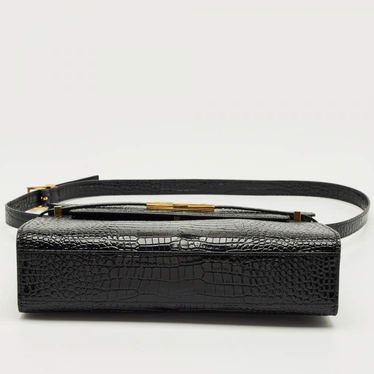 Pre Owned Saint Laurent Black Croc Embossed Leather Manhattan Shoulder Bag