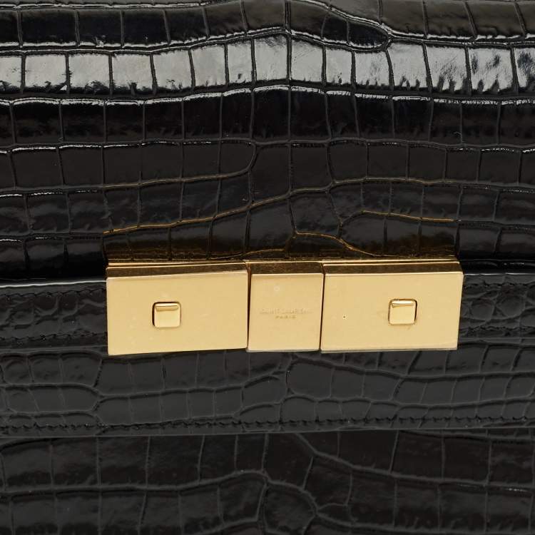 Pre Owned Saint Laurent Black Croc Embossed Leather Manhattan Shoulder Bag