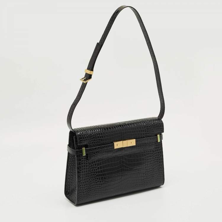 Pre Owned Saint Laurent Black Croc Embossed Leather Manhattan Shoulder Bag