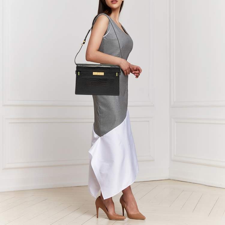 Pre Owned Saint Laurent Black Croc Embossed Leather Manhattan Shoulder Bag