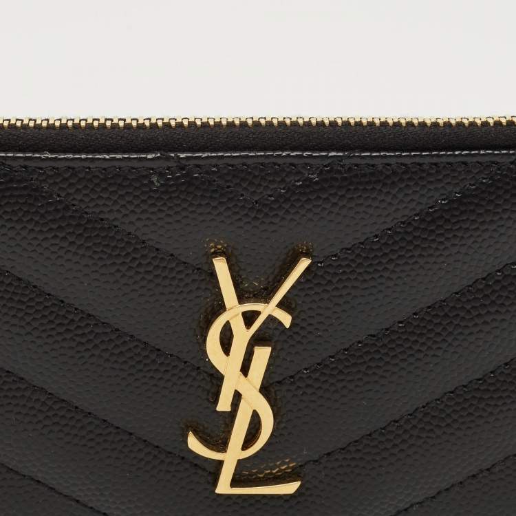 Pre Owned Saint Laurent Tiny Cassandre Black Matelassé Leather Zipped Card Holder