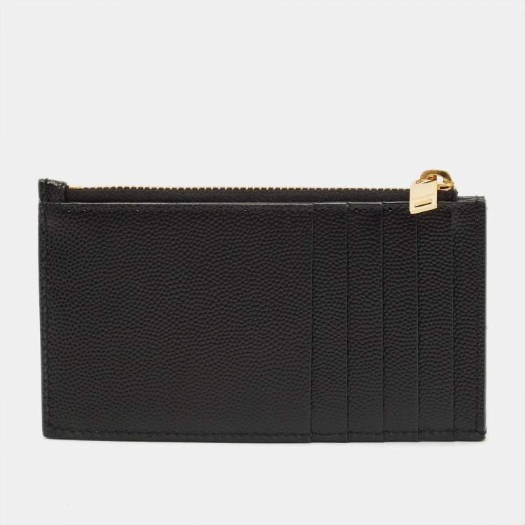 Pre Owned Saint Laurent Tiny Cassandre Black Matelassé Leather Zipped Card Holder