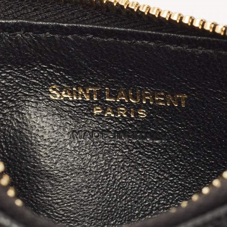 Pre Owned Saint Laurent Tiny Cassandre Black Matelassé Leather Zipped Card Holder