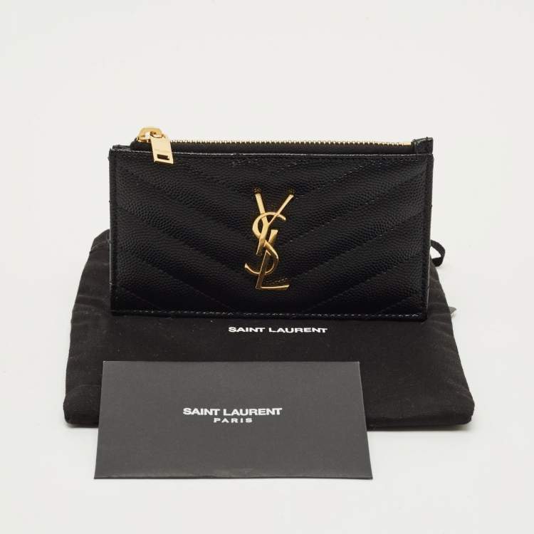 Pre Owned Saint Laurent Tiny Cassandre Black Matelassé Leather Zipped Card Holder