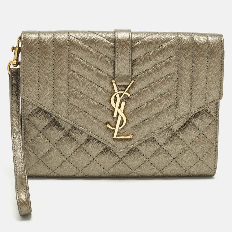 Pre Owned Saint Laurent Monogram Envelope Metallic Mixed Matelasse Leather Clutch