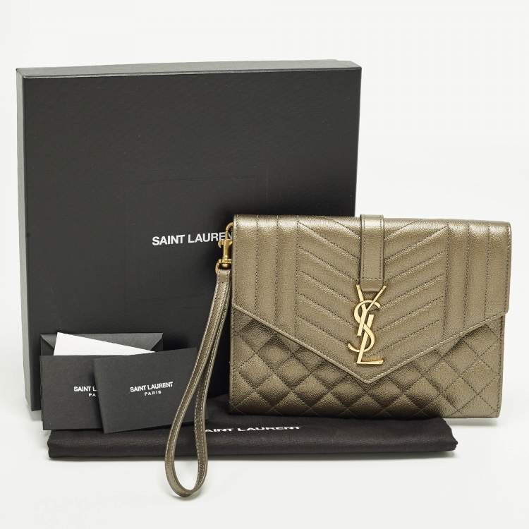 Pre Owned Saint Laurent Monogram Envelope Metallic Mixed Matelasse Leather Clutch