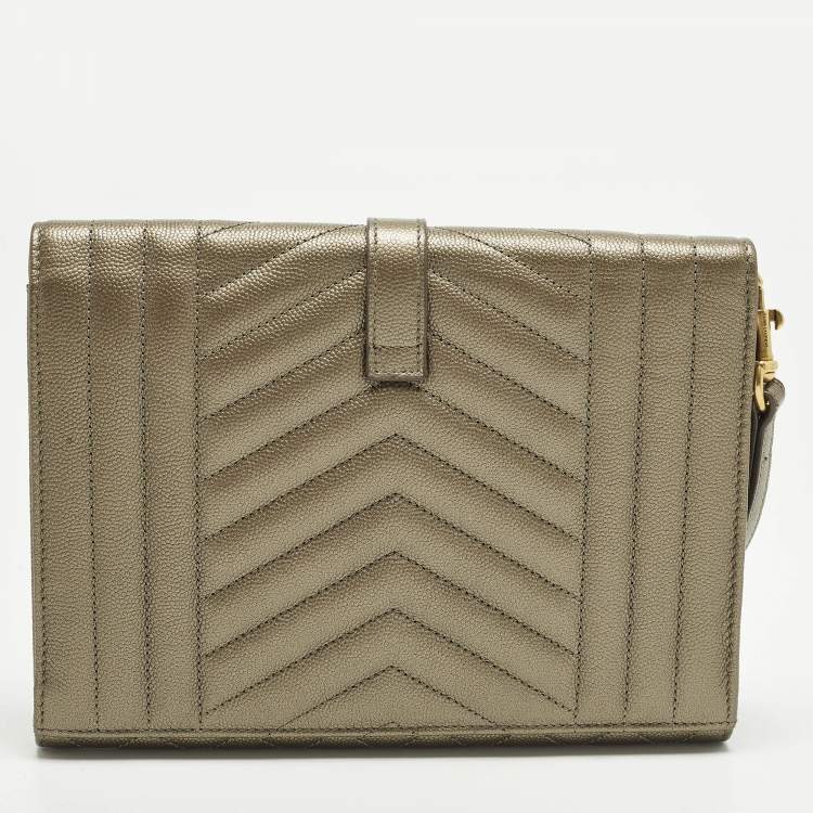 Pre Owned Saint Laurent Monogram Envelope Metallic Mixed Matelasse Leather Clutch