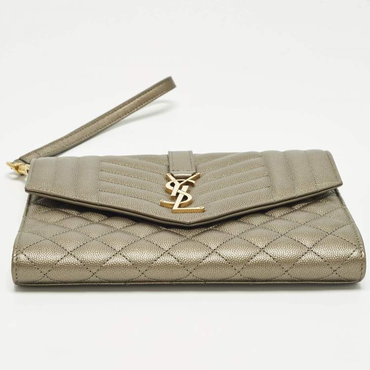 Pre Owned Saint Laurent Monogram Envelope Metallic Mixed Matelasse Leather Clutch
