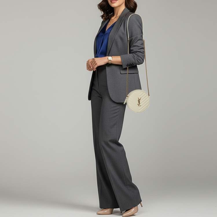 Pre Owned Saint Laurent Ivory Leather Round Crossbody Bag