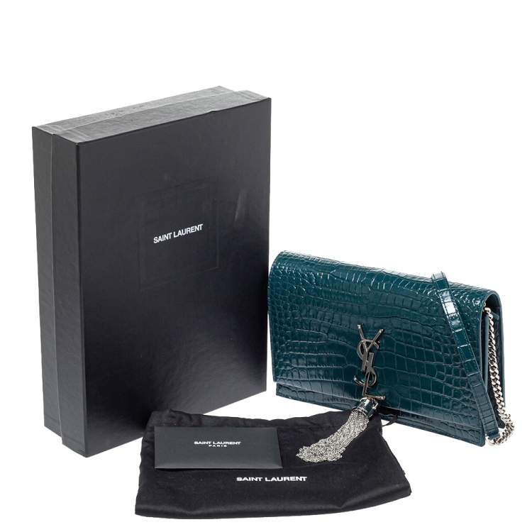 Pre Owned Saint Laurent Deep Green Croc Embossed Leather Kate Tassel Wallet on Chain 
