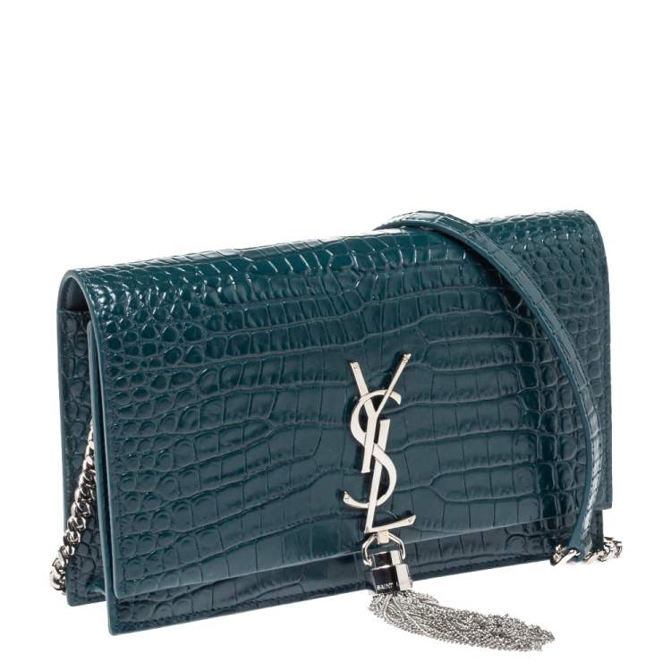 Pre Owned Saint Laurent Deep Green Croc Embossed Leather Kate Tassel Wallet on Chain 