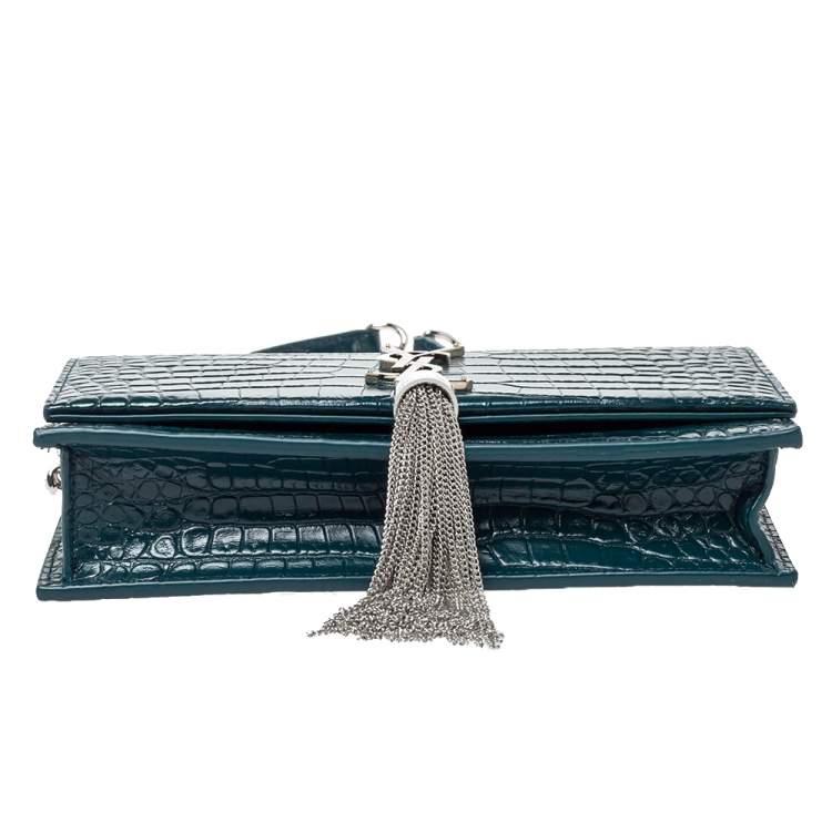 Pre Owned Saint Laurent Deep Green Croc Embossed Leather Kate Tassel Wallet on Chain 