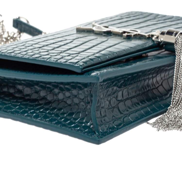 Pre Owned Saint Laurent Deep Green Croc Embossed Leather Kate Tassel Wallet on Chain 